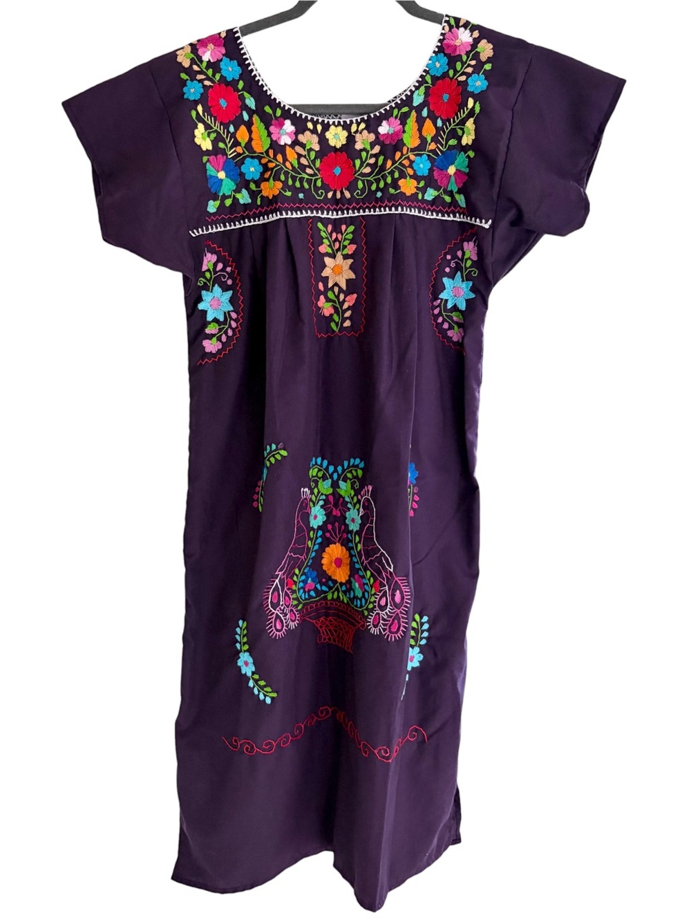 Traditional Mexican Embroidered Puebla Dress, Fiesta Colorful Floral Bird Purple
